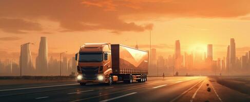 AI generated commercial trucks driving on the highway in the sunset photo