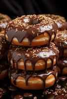 AI generated donuts covered in glazed, molten chocolate with chocolate sprinkles and drizzle photo