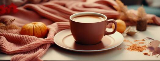 AI generated coffee cup on the table top with knit yarn, in the style of light orange and light maroon photo