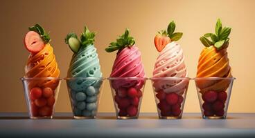 AI generated colorful ice cream cones with nuts and fruits photo