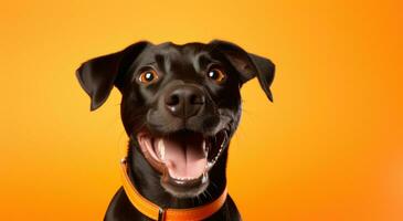 ai generado perro sonrisa en antecedentes aislado en naranja foto