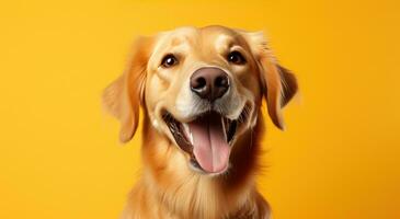 ai generado perro sonrisa en antecedentes aislado en naranja foto