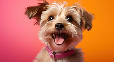 ai generado canino sonriente en el frente de un naranja antecedentes foto