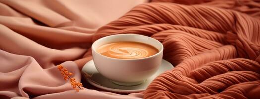 AI generated coffee cup on the table top with knit yarn, in the style of light orange and light maroon photo