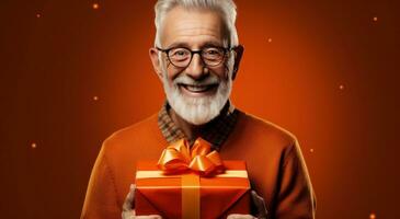 AI generated an older man holding an orange gift box photo