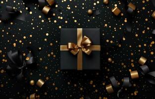 AI generated beautiful gift box is surrounded by ball ornaments on black background photo