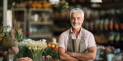 AI generated an older, grayhaired florist standing in his shop photo