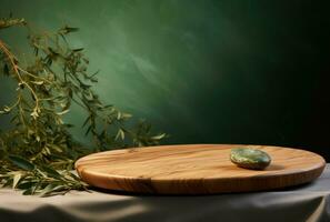 AI generated an olive wood carving platter sitting on green leaves backdrop photo