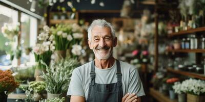 ai generado un más viejo, canoso florista en pie en su tienda foto