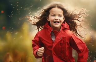 AI generated a young girl running through water while wearing a jacket photo