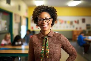 AI generated a woman in glasses is smiling at the camera in a classroom, photo