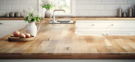 AI generated a wooden counter in a white kitchen photo