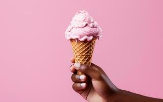 AI generated a woman's hand holding a pink ice cream cone against a pink background photo