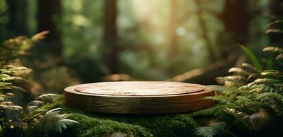 ai generado un de madera plataforma flotante en el bosque foto