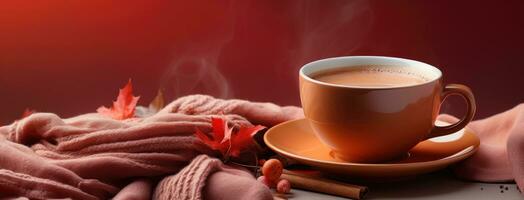 ai generado un calentar taza de café es sentado en un rojo toalla en mesa, foto
