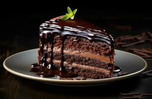 AI generated a slice of chocolate cake with a small sample of chocolate icing photo