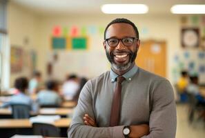 ai generado un sonriente profesor en un salón de clases ajuste foto