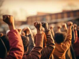 AI generated a group of people holding up their fists in different directions photo