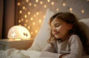 AI generated a little girl asleep in bed with a star projector star photo