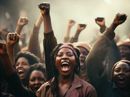 AI generated a group of people holding up their fists in different directions photo