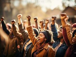 AI generated a group of people holding up their fists in different directions photo