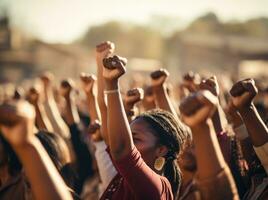 AI generated a group of people holding up their fists in different directions photo