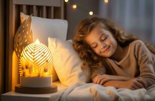 AI generated a little girl asleep in bed with a star projector star photo