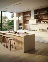 AI generated a modern kitchen with walnut and wooden cabinetry photo