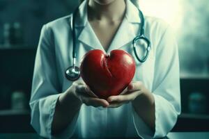 ai generado un hembra médico sostiene un rojo corazón foto