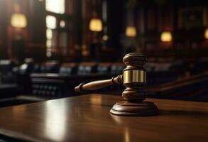 AI generated a gavel sits on the court room table photo