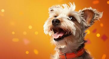 AI generated a dog is looking upward on an orange background photo