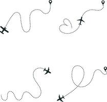 Set of Airplane Dotted. With Start Point and Dash Line Trace. Isolated Vector Illustration.