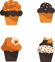 Halloween Cupcake Icon With Spooky Cartoon Design Style. Vector Illustration Set.