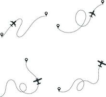 Set of Airplane Dotted. With Start Point and Dash Line Trace. Isolated Vector Illustration.