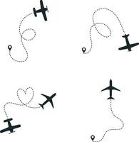 Set of Airplane Dotted. With Start Point and Dash Line Trace. Isolated Vector Illustration.