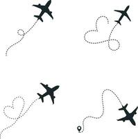 Set of Airplane Dotted. With Start Point and Dash Line Trace. Isolated Vector Illustration.