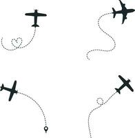 Set of Airplane Dotted. With Start Point and Dash Line Trace. Isolated Vector Illustration.