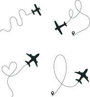 Set of Airplane Dotted. With Start Point and Dash Line Trace. Isolated Vector Illustration.