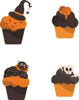 Halloween Cupcake Icon With Spooky Cartoon Design Style. Vector Illustration Set.