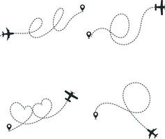 Set of Airplane Dotted. With Start Point and Dash Line Trace. Isolated Vector Illustration.