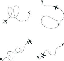 Set of Airplane Dotted. With Start Point and Dash Line Trace. Isolated Vector Illustration.