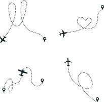 Set of Airplane Dotted. With Start Point and Dash Line Trace. Isolated Vector Illustration.