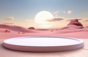 AI generated white platform with pink background on a desert landscape photo