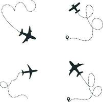 Set of Airplane Dotted. With Start Point and Dash Line Trace. Isolated Vector Illustration.