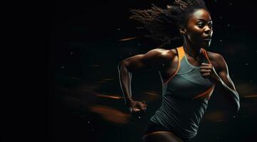 AI generated a black woman running on a dark background photo