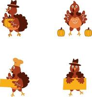 Collection of Thanksgiving Turkey. In Cartoon Design Style. Vector Illustration.