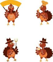 Collection of Thanksgiving Turkey. In Cartoon Design Style. Vector Illustration.
