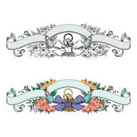 Hand drawn horizontal banners set with retro style ribbons decoration elements with bird isolated vector illustration