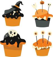 Set of Halloween Cupcake. Isolated On White Background. Vector Illustration.