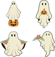 Set of Retro Ghost Halloween. Isolated On White Background. Vector Illustration